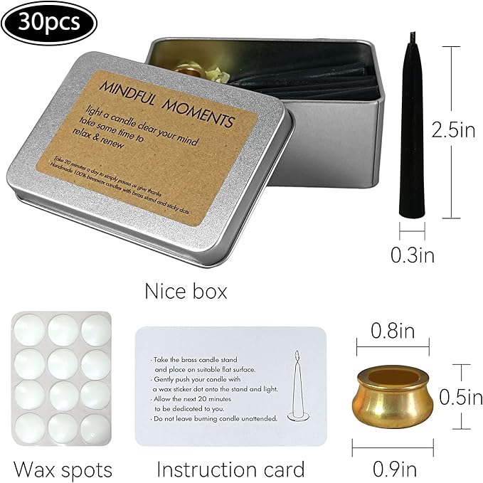 Dripless Taper Candle Meditation Candles,Black 20 Minute Mini Prayer Candlestick Pure Beeswax Candles with Brass Candle Holder for Yoga & Spiritual Rituals,30-BLA