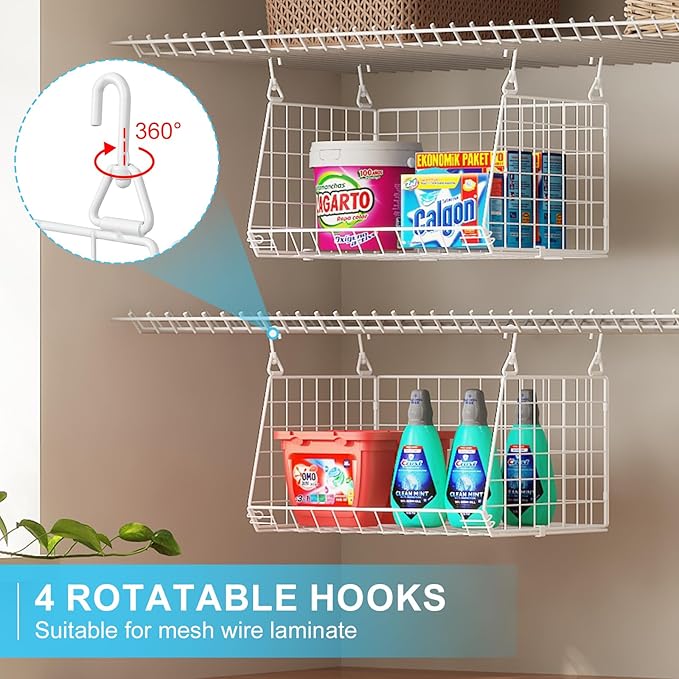 3-Tier Hanging Laundry Basket Organizer：Foldable Wire Shelf Laundry Room Organizer with 360°Rotating Hooks Small Space Solutions Pantry Baskets - Laundry Organization, White Patent