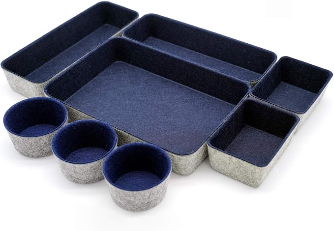 Welaxy 8-piece office desk drawer organizers trays felt small Storage bins shallow box draw dividers for Office supplies Multi-purposed organize gifts idea for men (Navy)