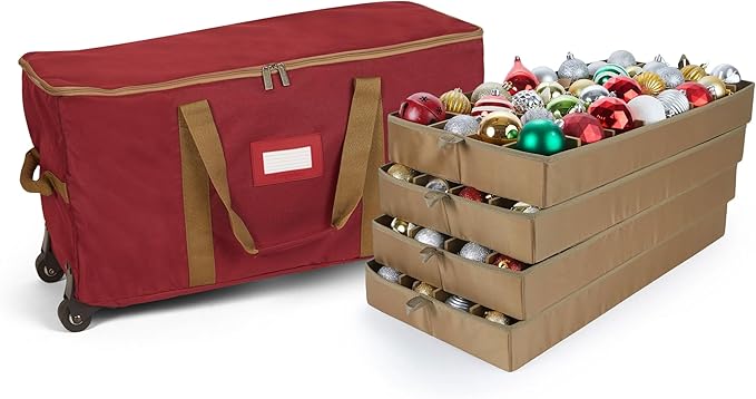 Covermates Keepsakes Rolling Adjustable Ornament Storage Bag – Heavy-Duty Polyester, FlexGrid Trays & Padded Dividers – Protective Holiday Organizer with Wheels, Handles & ID Window, Red