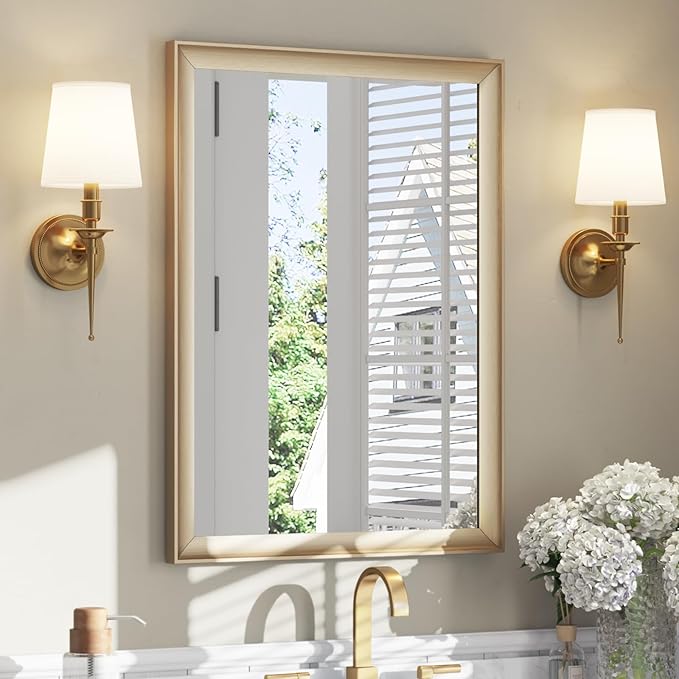 USHOWER Brushed Gold Bathroom Mirrors for Over Sink 22x30 Inch, Metal Framed Rectangle Vanity Mirror for Wall, Bedroom, Living Room, Entryway, Anti-Rust, HD Tempered Glass, Horizontal/Vertical