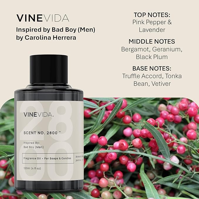 VINEVIDA [120mL] Bad Boy (Men) Fragrance Oil for Candle Making - Natural Candle Oil Scents - Soap Making Essential Oil - Made in USA