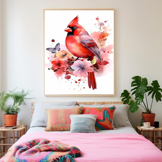 GUAIEUW Red Bird Tie-Dye Flower Diamond Painting Kit for Adults, Full Round Diamond Cardinal Bird 5D Diamond Painting DIY Art Crafts for Winter Home Wall Decor Holiday Gift 16x24 Inch