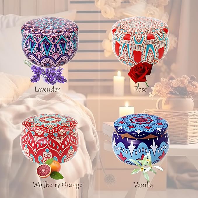 Scented Candles Gift Set, 2.5 oz Aromatherapy Candles for Home, Portable Hotel Candles, Natural Soy Wax Tin Jar Candles for Yoga, Bath, Long Lasting Time Candles Gift for Women 4 Pack