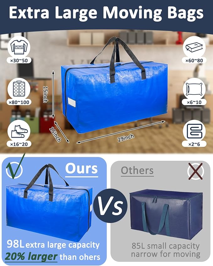 Extra Large Moving Bags with Strong Handles, 8 Pack Heavy Duty Storage Bags with Smooth Zipper, Oversized Storage Tote for Clothes Moving Supplies Dorm Essentials Household Containers
