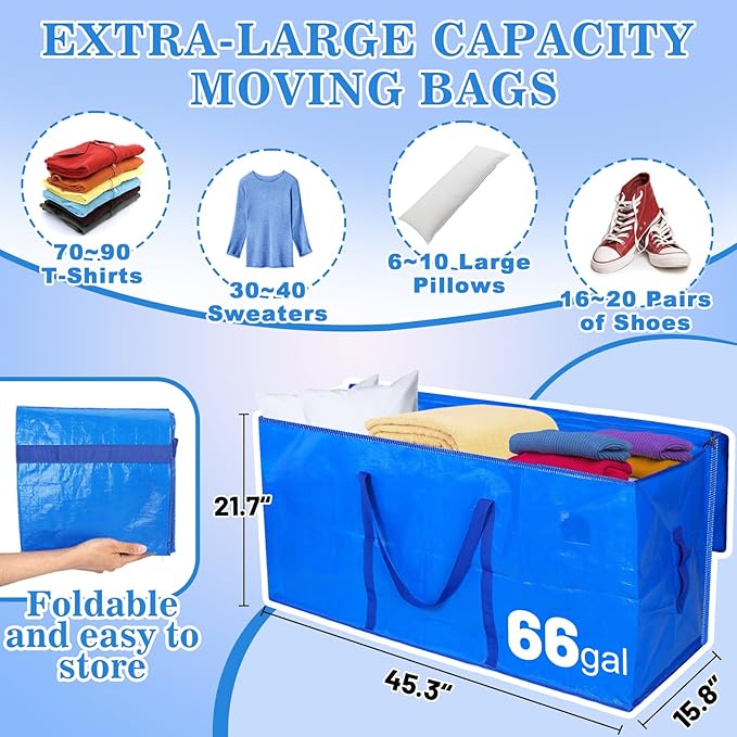 Bigmeta 66 Gallon Extra Large Moving Bags - Heavy Duty Storage Bags with Zipper & Strong Handles, Blue Packing Bag for Moving, Storage, Travel and Camping, College Dorm & Home Supplies, 1 Pcs