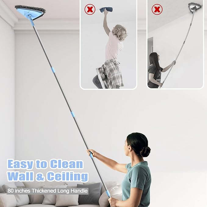 NEWE Wall Washer Mop with 80 Inch Long Handle, Wall and Ceiling Cleaner, 180° Folding Wall Scrubber with Long Handle, Triangle Baseboard Scrubber, 4 Chenille Duster & 2 Microfiber Pads