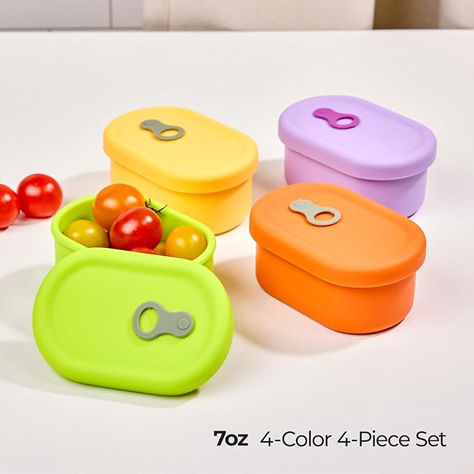 Premium Korean-Made Silicone Airtight Food Container with Steam Vent – BPA Free, Leakproof, Microwave & Freezer Safe Meal Prep. & Leftovers Storage (4p Multi-Color Set, 7 floz (200ml))