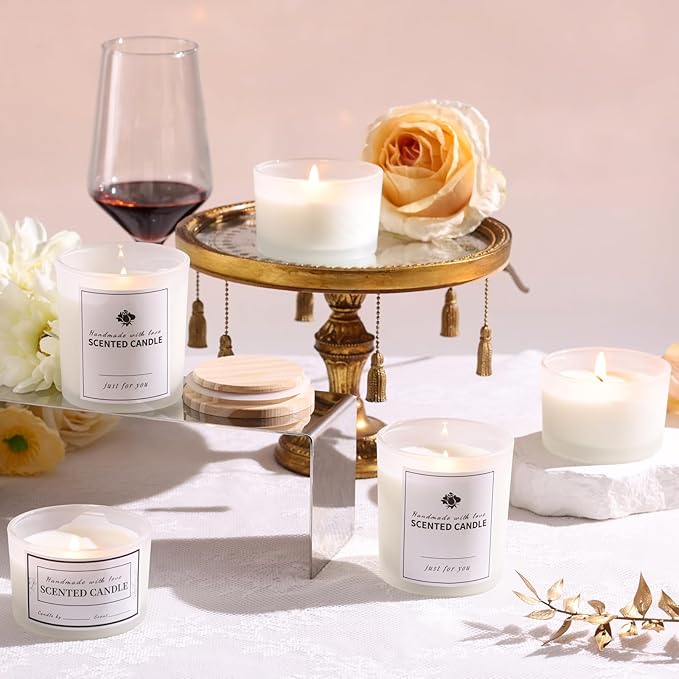 sunnyfuture 16 Pack Forsted White Candle Jars, 8pcs 7oz + 8pcs 4oz Candle Jars for Making Candles with Wooden Lids and Labels for DIY, Gifts, Home