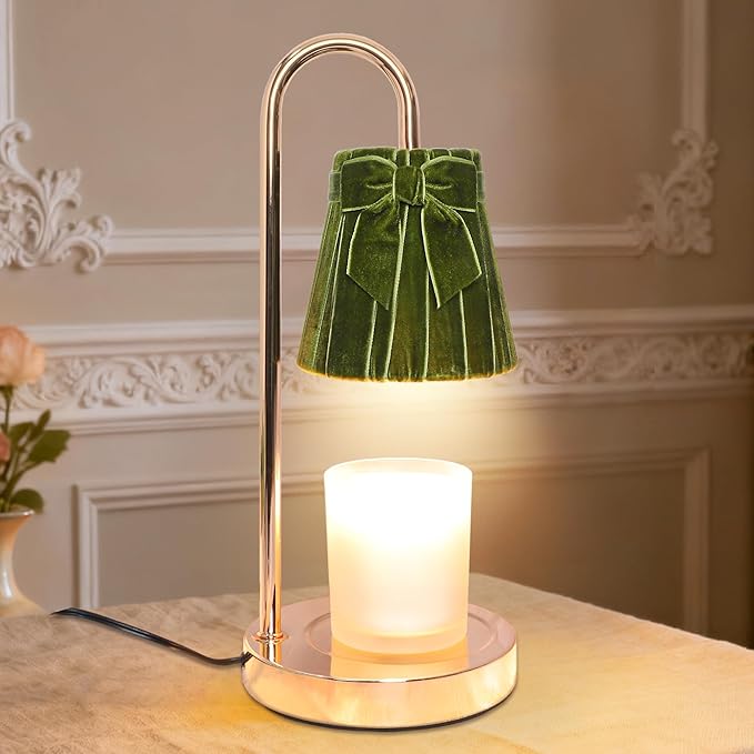 Green Coquette Bow Candle Warmer Lamp with Timer, Dimmable, Sage Green Décor Velvet for Home, Electric Wax Warmer for Jar Candles, Gifts for Birthday, Mom Women, Dad, Friend