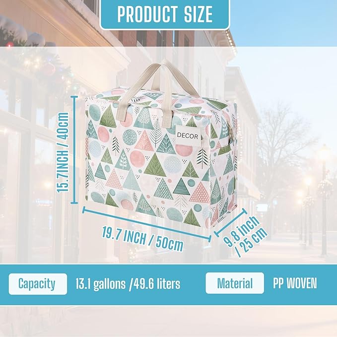 VENO 4 Pack Heavy Duty Moving Bags, Storage Bags, Packing Supplies, Top Zipper, Storage Totes for Camping, Clothes, Bedding, Comforters, Pillows, Christmas Pattern (13 Gallon, Pastel Forest, 4 Pack)