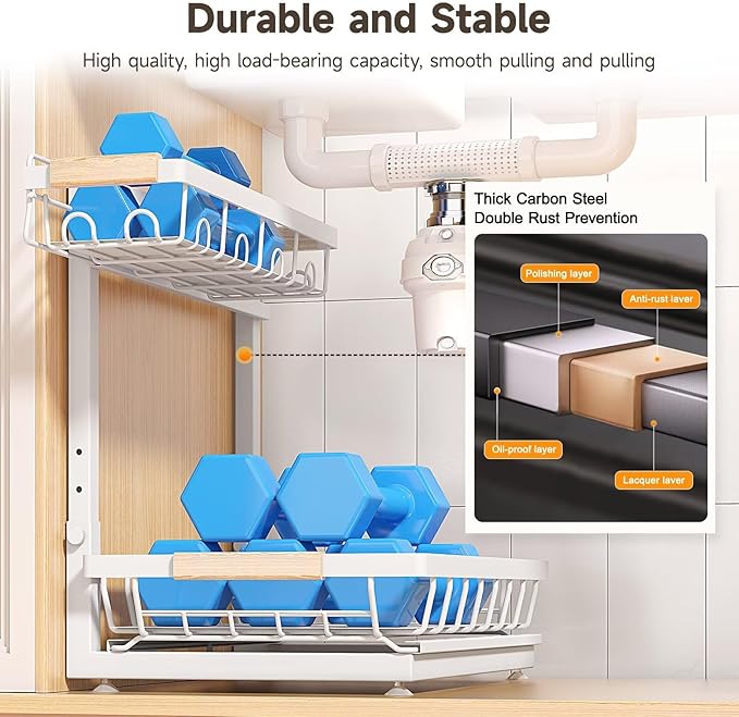 2 Packs Under Sink Organizer, Height Adjustable 2 Tier Under Kitchen Sink Organizer, Multi-Purpose Storage Shelf for Kitchen Bathroom Cabinet (White, Extra Large)