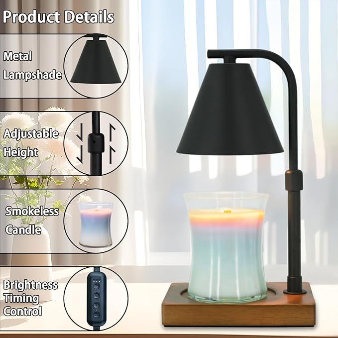 Candle Warmer Lamp with Timer for Women Candle Warmer Height Adjustable, House Warming Gifts New Home Decor, Wax Melt with 2 Bulbs 1-Black