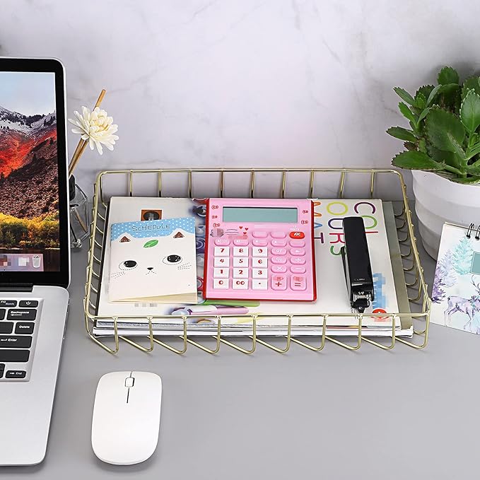 BTSKY Multipurpose A4 File Tray Wire Desk Tray Organizer Elegant Letter Size Desk Documents Trays Magazine Files Storage Basket Organizer Bin for Office Cosmetics Bathroom(Gold)
