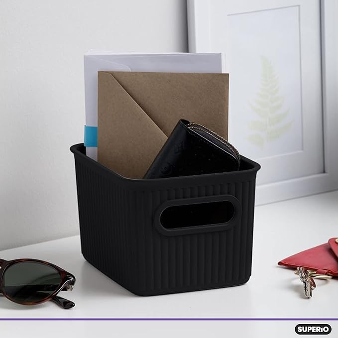 Superio Ribbed Collection - Decorative Plastic Basket Open Home Storage Bins Organizer, Small Brown (2 Pack) Container Boxes for Organizing Closet Storage Bins for Shelves Drawer Shelf 1.5 Liter