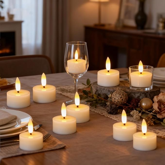 GenSwin Real Wax Tea Lights Candles Battery Operated, Flameless LED Tealights Candles with 6H Timer, 10 Pcs Battery Tea Lights with 3D Flame for Christmas Holiday Home Decor(Ivory, D1.6” x H2”)