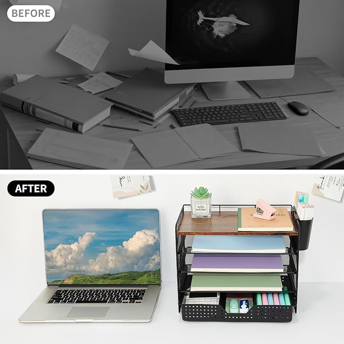 LEKETREE Desk Organizers and Accessories, 5-Tier Paper Letter Tray Organizer with Drawer & 2 Pen Holders, Desktop Organizer for Office Supplies (Wood)