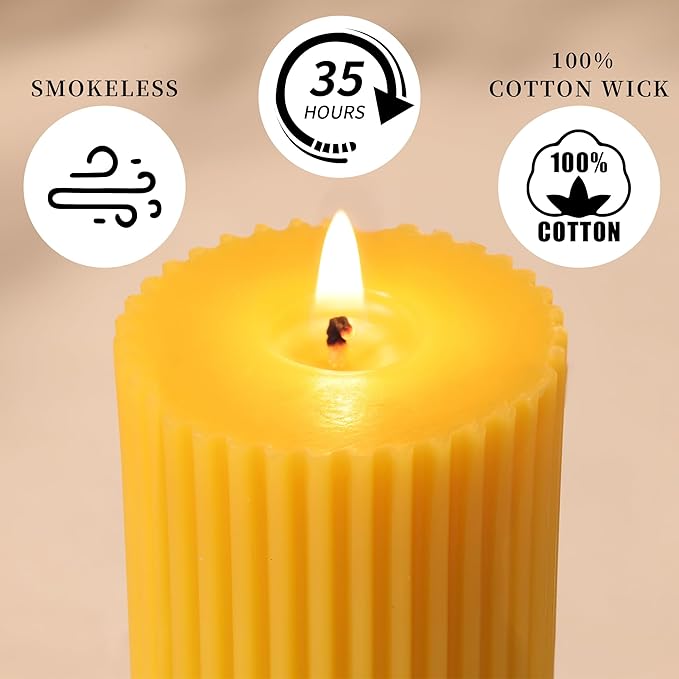 DEVI 6 Pack Pure Beeswax Pillar Candles Bulk-210 Hours, Organic Bees Wax Candles for Home Decor-1.96x3.85 Inch, Unscented Natural Bees Wax Pillar Bulk Candles for Thanksgiving Party
