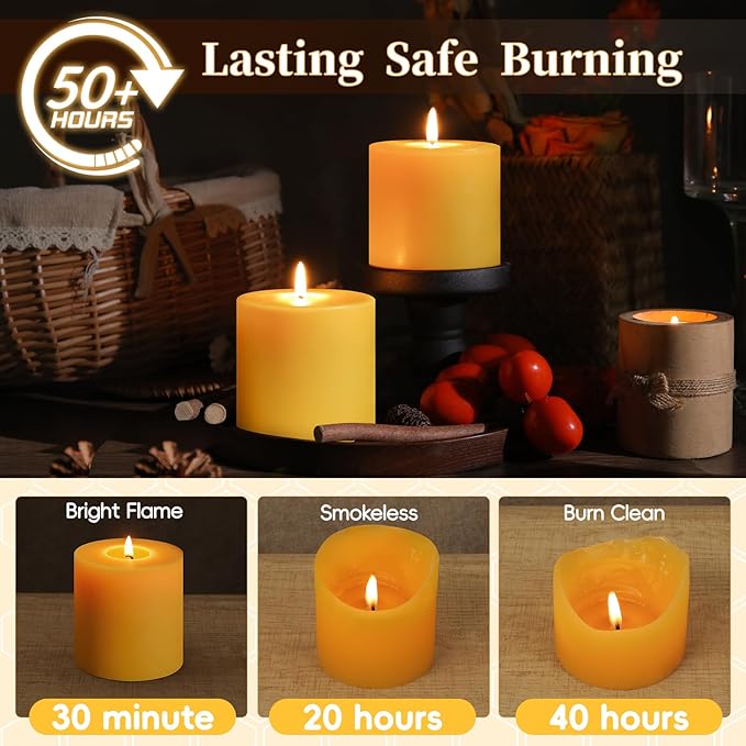 2 Pack Natural Beeswax Pillar Candles,100 Hours Burning Bees Wax Candles for Home, 100% Pure Beeswax Candle for Emergency, Prayer, Smokeless, Non-toxic-3X3 in