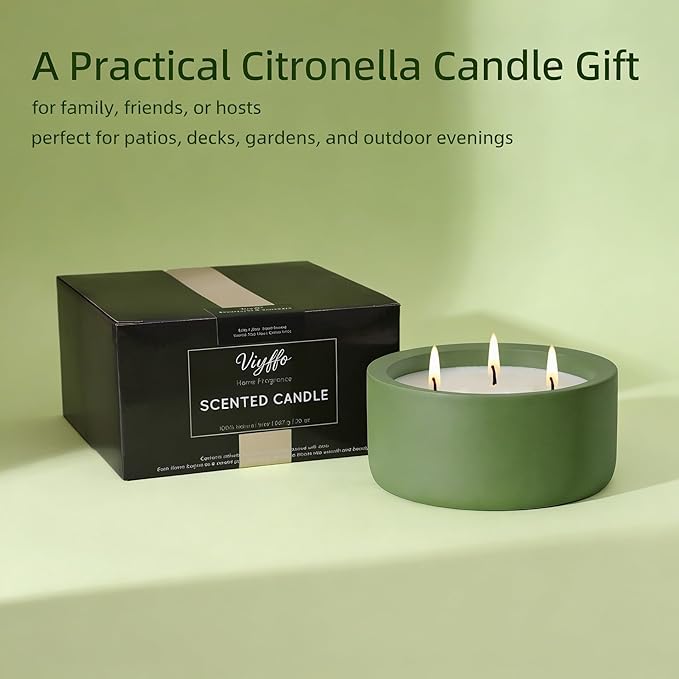 Viyffo Large Citronella Candles Outdoor, 3 Wick 20oz Citronella Candle Indoor, Non Toxic Soy Scented Candle, Green Ceramic Jar for Patio, Deck, Garden, Backyard & Camping, Home Fragrance, Décor & Gift
