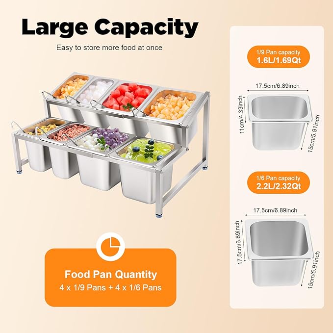 Condiment Container Dispenser with 8 Pans & Lids, Stainless Steel Countertop Spice Inclined Holder, Pizza Topping Station Organizer, Spice Rack Shelf for Kitchen Pantry Use