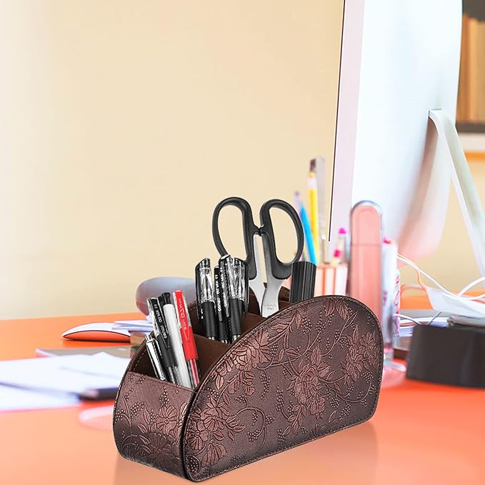 SITHON Remote Control Holder with 5 Compartments - PU Leather Remote Caddy Desktop Organizer Store TV, DVD, Blu-Ray, Media Player, Heater Controllers, Antique
