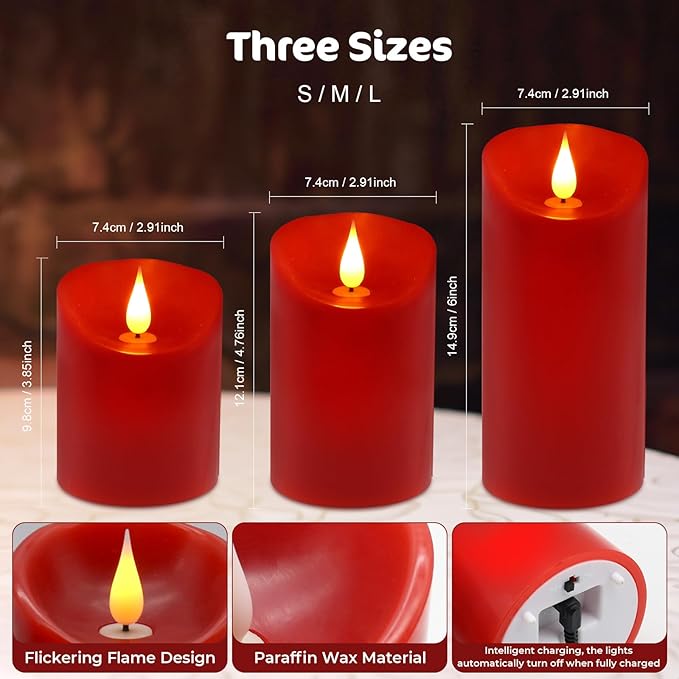 ALED LIGHT Red Real Wax Rechargeable Candles Flickering Realistic,Flameless Candles Rechargeable with Remote for Home Decor Idea Gift，Pack 3(D 3”X H 4”5”6”)