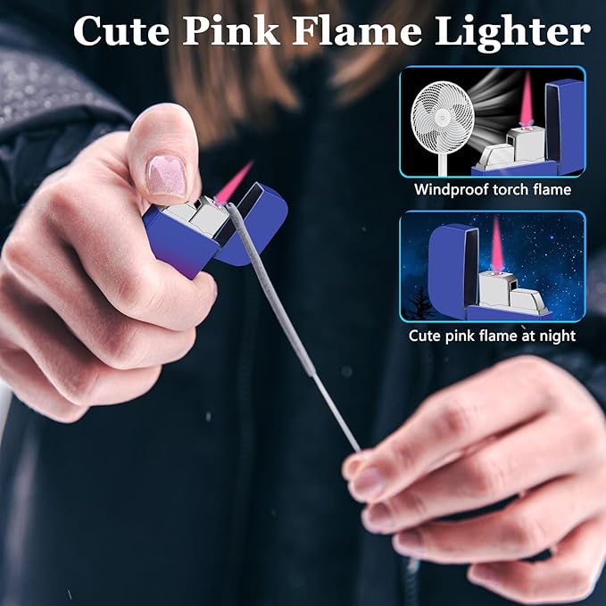Pink Flame Torch Lighter, Cute Lighter, Refillable Butane Lighter,Windproof Torch Lighter for Outdoor Camping BBQ,Nice Gift for Girls,Women on Birthday,Anniversary(Red Blue,Without Butane)