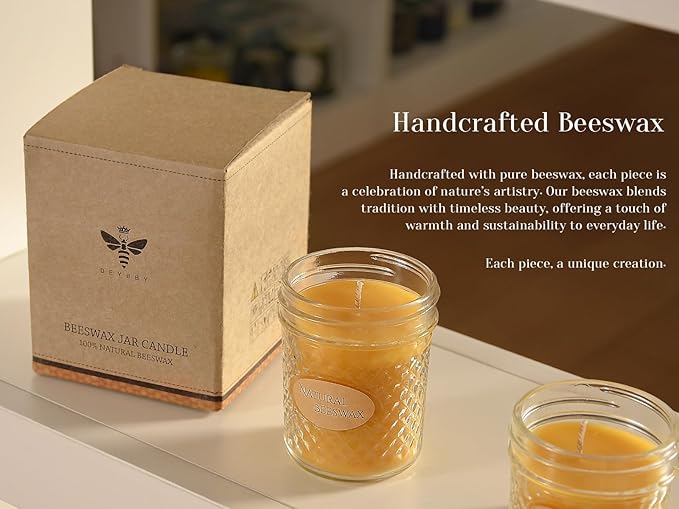 DEYBBY 2 Pack 5oz Beeswax Jar Candles Set - Beeswax Candles Gift - Handpour Candles with Natural Honey Scent, Each 26 Hrs Burn