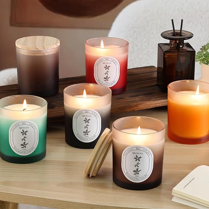 REISEN 12Pcs Gradient Green Candle Jars for Making Candles, 10oz Glass Jars with Bamboo Lids, Candle Wick Kit and Sticky Warning Labels, Candle Containers Vessels for DIY Gifts