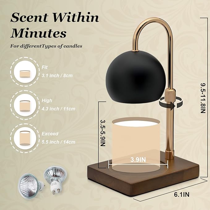 Candle Warmer Lamp Timer - Birthday Gifts for Women Mom Grandma, Mothers Day Gifts, House Warming Gifts New Home Decor Modern Farmhouse Decor with 2 Bulbs Wax Melt Compatible All Jar Candles Blackgold