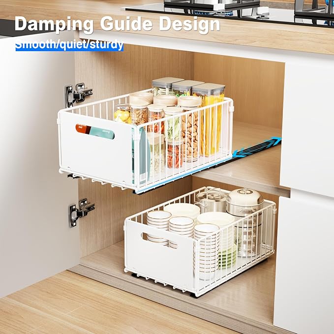 2 Pack Pull Out Cabinet Organizer, Slide Out Drawers for Cabinets, Peel and Stick, Heavy Duty Shelves for Kitchen, Cupboard, Pantry, Bathroom (14.76" D*9.65" W*7.87" H-White)