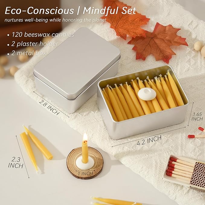 20 Minute 100% Pure Beeswax Candles, Mini Mindful Meditation Taper Candles, Smokeless & Dripless with Holder for Yoga, Prayer, Relaxation (Yellow,120 Pack)