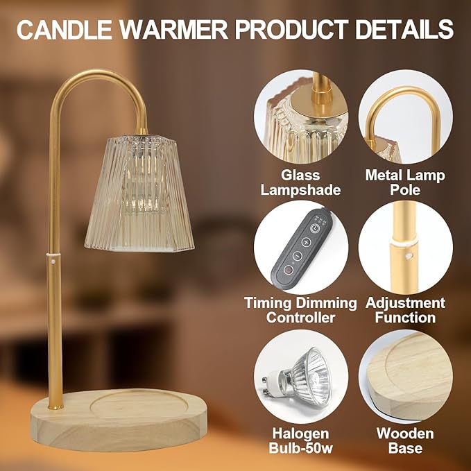 LIDORE Candle Warmer, Candle Warmer Lamp with Timer, Wooden Base Golden Glass, Gift for Mothers Day Valentines Day Christmas New Year, Home Decor, with 2 GU10 Bulbs