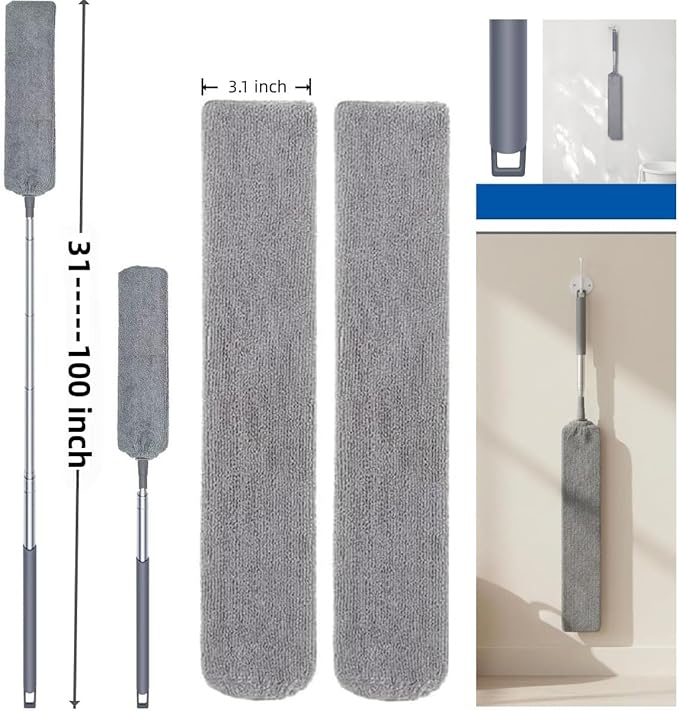 Retractable Gap Dust Cleaner with 30-100 Feet Extendable Long Handle and 2 Microfiber Dusting Cloths, Cleaning Duster for Under Appliance Refrigerator Furniture Sofa Bed (Gray)
