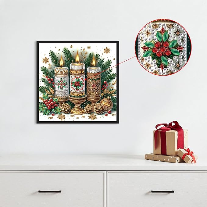 antor Christmas Candle 5D Special Shape Diamond Painting Kits for Adults Beginners, Crystal Rhinestones DIY Christmas Diamond Art Canvas for Home Wall Decoration Gift 12×12 Inch