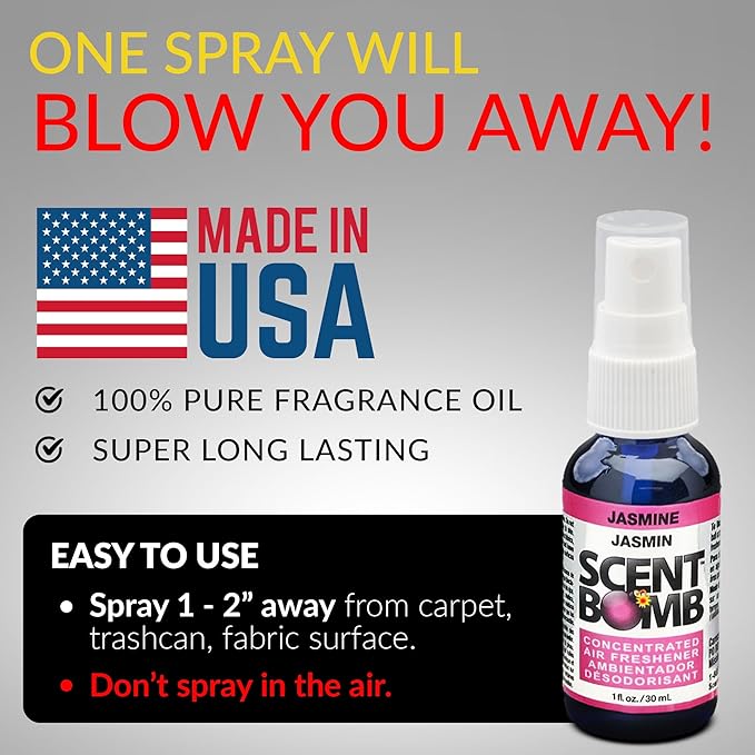 Scent Bomb Air Freshener Spray, Long-Lasting Odor Eliminator - Effective Deodorizer for Home & Car, Fresh Room Spray for Kitchen, Bathroom & Smell Neutralizer - 1 oz Pack of 4, Jasmine Scent