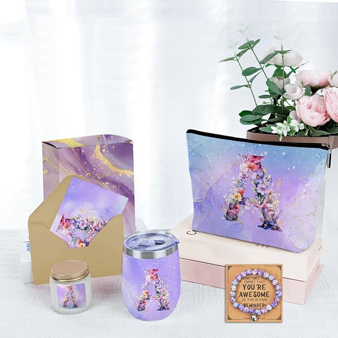 Personalized Gifts Monogrammed Birthday Gifts for Women, Bridesmaid Bachelorette Party Wedding Christmas Initial Wine Tumbler Makeup Bag (Aesthetic Purple Flower A)