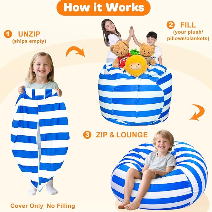Lukeight Stuffed Animals Storage Bean Bag Chair Cover Only (Ships Empty, No Filling) - Velvet YKK Zipper Beanbag Cover for Kids and Big kids, Washable Plush Toy Organizer, X-Large 30" D x 18" H