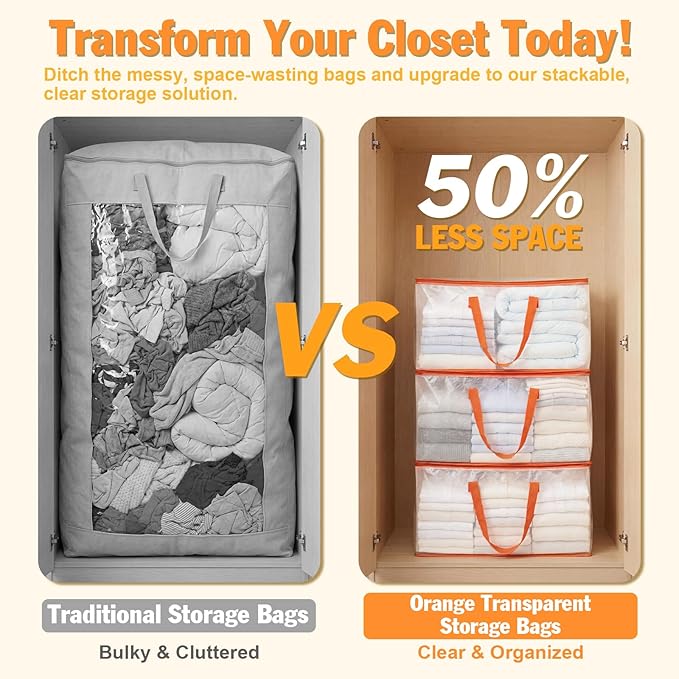 KYODOLED Clear Moving Bags with Orange Handles, 2-Pack Heavy Duty Storage Totes for Clothes & Bedding, Extra Large 27"x14"x15" (24 Gal), Foldable Transparent Moving Supplies with Label Pocket