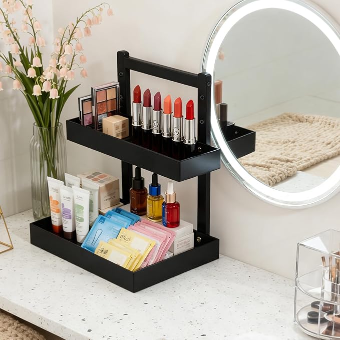 2-Tier Under Sink Pull Out Organizer, Bamboo Cabinet Storage Shelf with Adjustable Height, Slide Out for Kitchen Bathroom Pantry Black