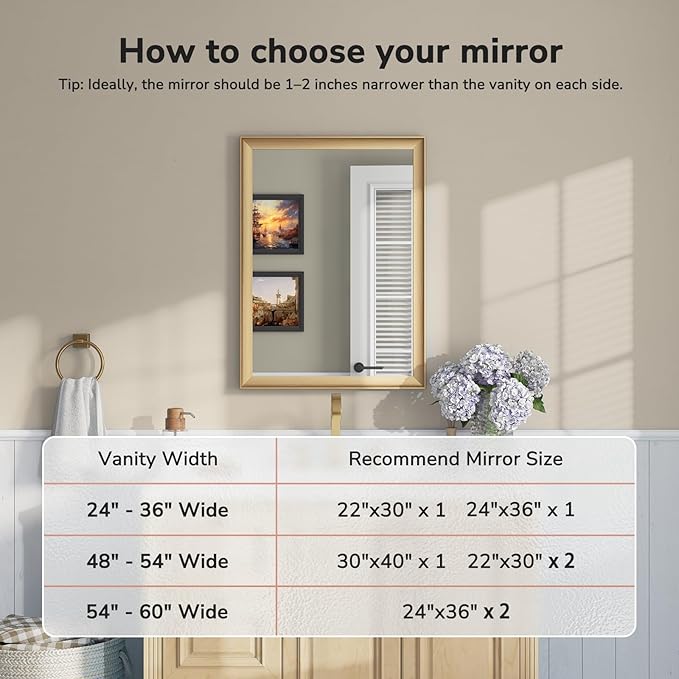 USHOWER Brushed Gold Bathroom Mirrors for Over Sink 22x30 Inch, Metal Framed Rectangle Vanity Mirror for Wall, Bedroom, Living Room, Entryway, Anti-Rust, HD Tempered Glass, Horizontal/Vertical