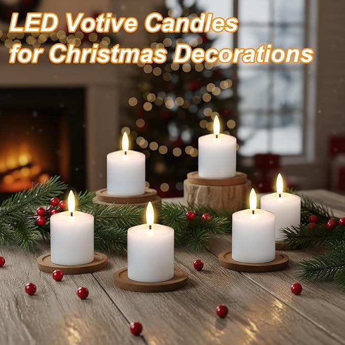 GenSwin Rechargeable Votive Candles Battery Operated with Charging Base, 6 Pack LED Flameless Battery Votive Candles with Remote Timer(White, Real Wax, 2 x 3.2 Inch)