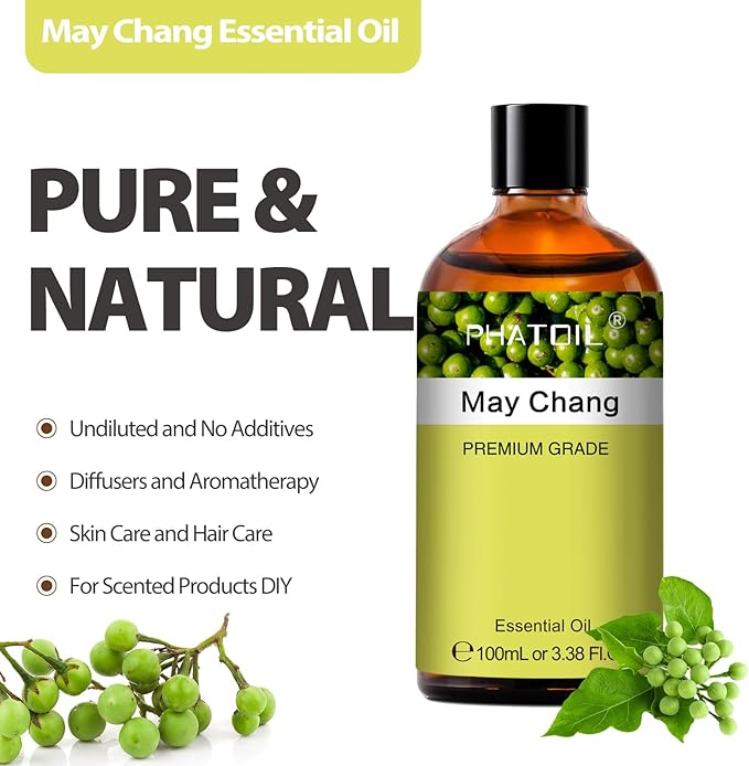 PHATOIL May Chang Essential Oil, Pure Premium Natural Oil for Hair Care, Body Skin Care, Aromatherapy, DIY Candle, Soap Making 3.38Fl Oz