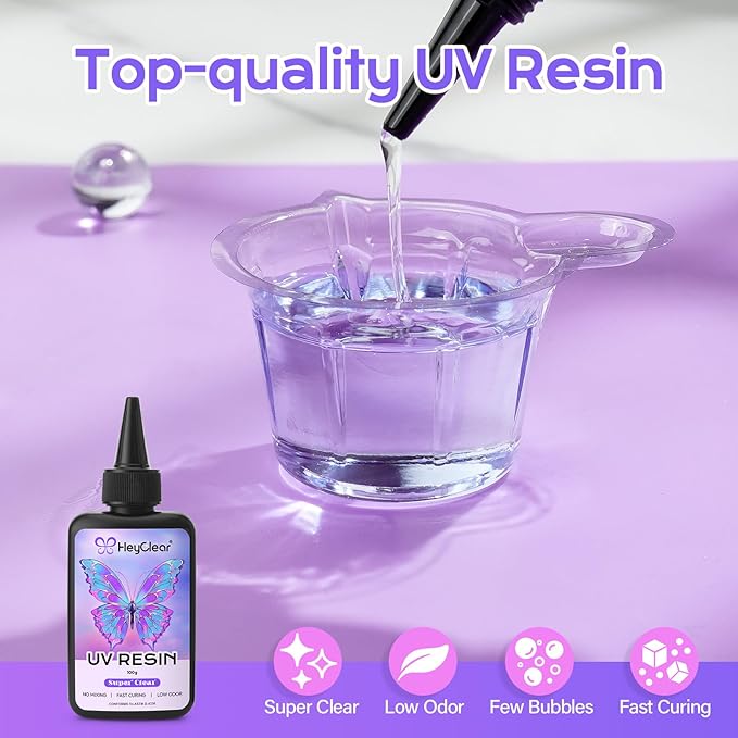 HeyClear 100g UV Resin kit -Super Clear, Hard Premixed and Fast Curing for Jewelry Making, Mold DIY Craft Decoration, Coating
