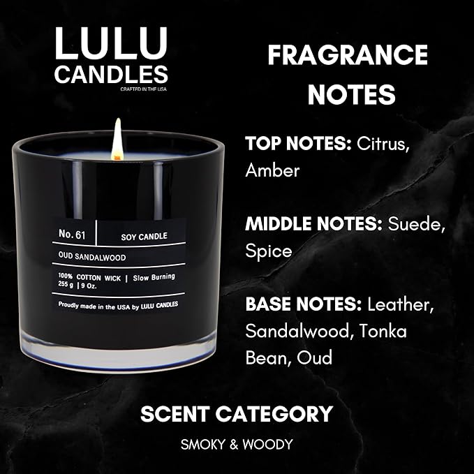 Lulu Candles | Oud Sandalwood | Smells Smokey & Woody | Luxury Scented Soy Jar Candle | Hand Poured in The USA | Highly Scented Long Lasting (9 Oz.)
