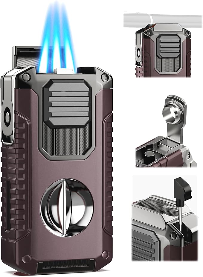 5-in-1 Butane Torch Lighter with Punch, Holder, Draw Enhancer and Tool, Windproof Triple Flame Lighters Gift for Men, Multifunctional Accessories Cool Lighters for Candles, Travel, Outdoor