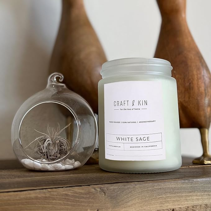 Craft & Kin White Sage Scented Candles for Cleansing | 8 Oz 45 Hour Long Lasting Holiday Candle | Classic Soy Woodwick Winter Candles | Made with Natural Soy | Gifts for Men and Women
