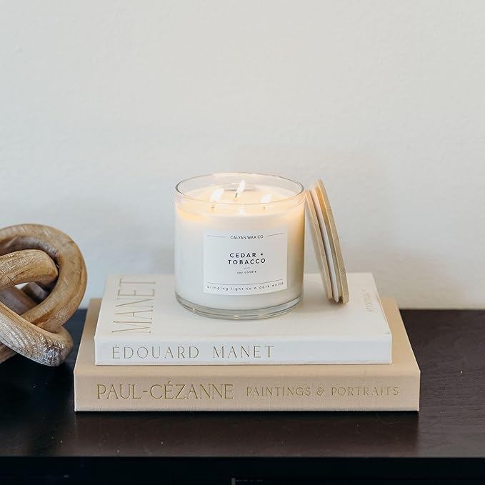 Calyan Wax Co. Cedar & Tobacco 3 Wick Scented Candle - 43 Hour Burn - Luxury 3 Wick Soy Candles - Non Toxic Soy Wax Candles - Long Lasting Large Glass Jar Candle for Home - 14.9oz