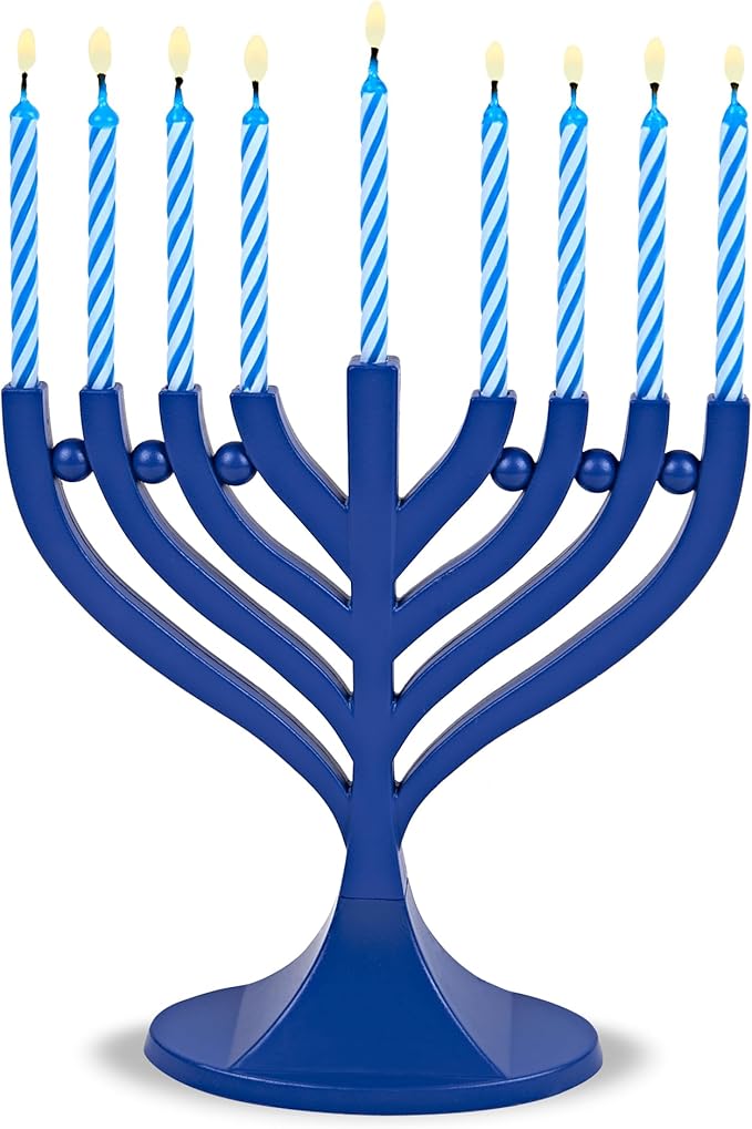 Zion Judaica 5.25" Mini Menorah with Hanukkah Candle Set - Dark Royal Blue with 44 Blue White Mini Chanukah Candles Small Minorah Hanukkah Decoration or Gift